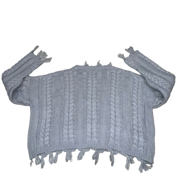 Altar'd State Fog Blue Cable Knit Frayed Cropped Crewneck Sweater size Medium - Picture 3 of 6